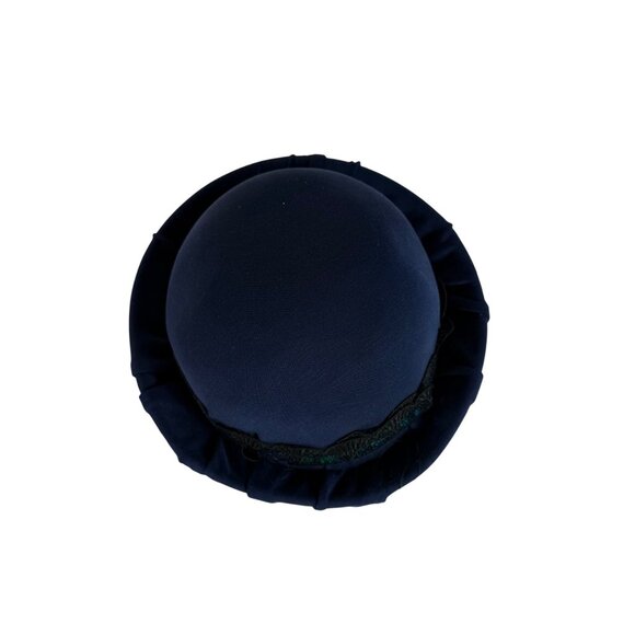 Wool Bowler Hat Navy With Black Lace Green Sequin Trim Elegant Classic Style main image 6